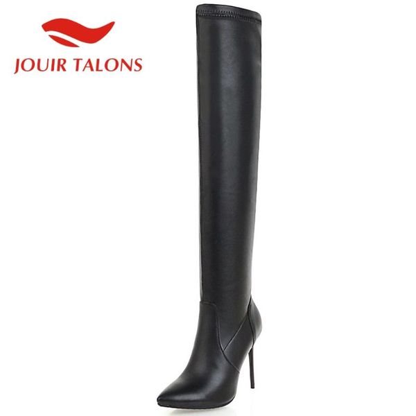 

jouir talons thin high heels 10 cm pointed toe female shoes elegant over-the-knee slip-on short plush women shoes, Black