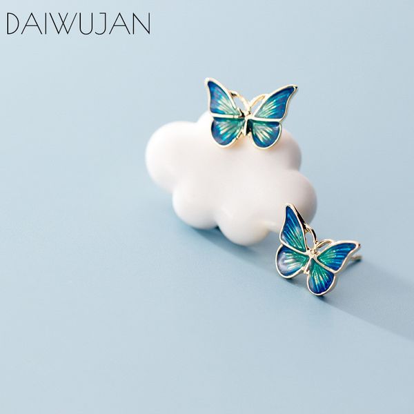 

daiwujan korean style 925 sterling silver blue butterfly stud earrings romantic gold earrings for women lady fine jewelry, Golden;silver