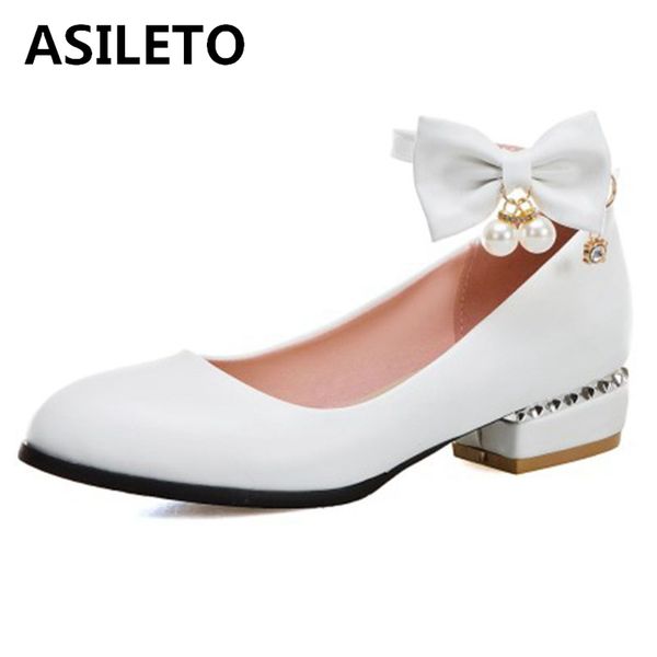 

asiletoÂ ladies spring autumn sweet flats round toe 3cm square heels belt buckle pearl bowtie big size 32-43 leisure party t1139, Black