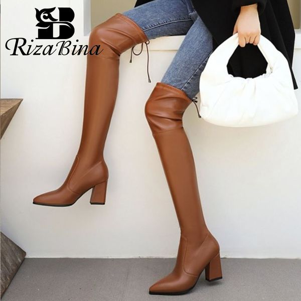 

rizabina over knee boots women pointed toe thick high heel zipper shoes casual winter silm long boots footwear size 31-46, Black
