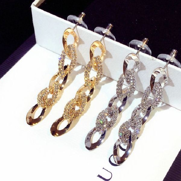 

new ins fashion luxury designer sparkling diamond rhinestone twisted geometric long chandelier dangle stud earring for women girls, Silver