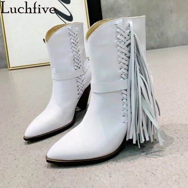 

fringe genuine leather women's boots pointy toe party shoes spike heels ankle boots runway 2020 white shoes woman, Black
