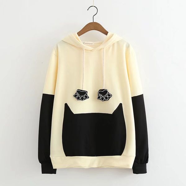 

cat ear kawaii drawstring hooded sweatshirt women patchwork long sleeve tracksuit outwear 2020 new back bowtie harajuku hoodies, Black