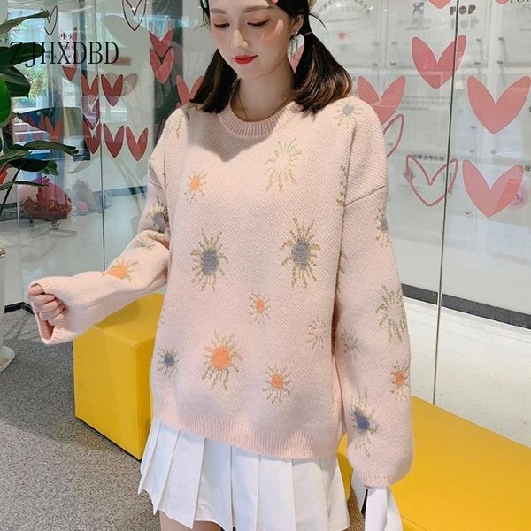 

women's sweaters 2021 korean knitted basic o-neck sun pattern pullover sweater jumper autumn long sleeve ladies female clothes, White;black