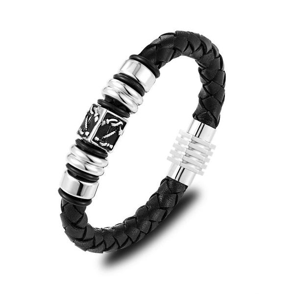 

titanium steel anchor vintage stainless steel leather braided bracelet gifts for men rope chain geometric hidden-safety-clasp, Golden;silver