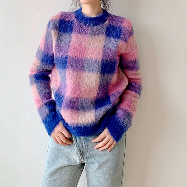 

women's sweaters autumn winter women knitted sweater plaid long sleeve o-neck casual top, White;black