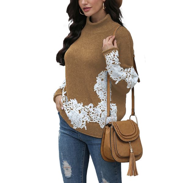 

women's sweaters fashion knitted women sweater lace patchwork coat outwear autumn winter retro pullover casual turtleneck 2021, White;black