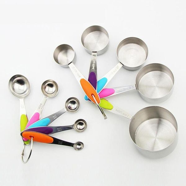 

10pcs/lot stainless steel measuring cups and spoons durable kitchen cooking baking measuring tools with silicone handles t200523