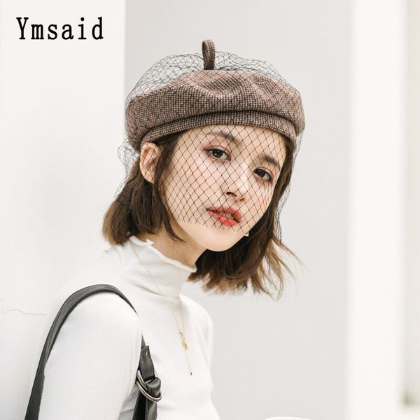 

berets autumn winter women beret vintage elegant charming mesh yarn fashion female octagonal hat all-match british painter, Blue;gray