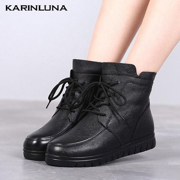 

karin big size 41 leisure genuine leather round toe flat with cross-tied ankle short plush boots, Black