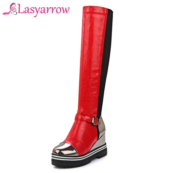 

lasyarrow round toe platform botas femininas high heels knee high boots autumn winter women's shoes fashion sapatos mujer f403, Black