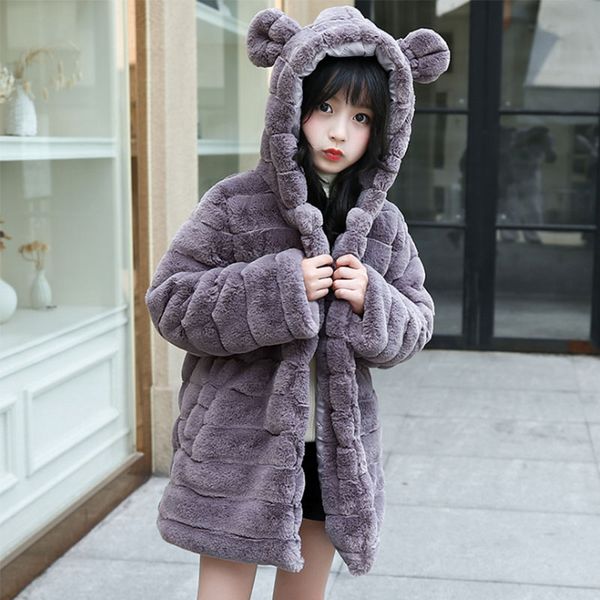

шуба для девочек cute уха капюшоном детей теплые пальто подросток дети long wool куртки осень зима фур руна верхняя одежда одежда, Blue;gray