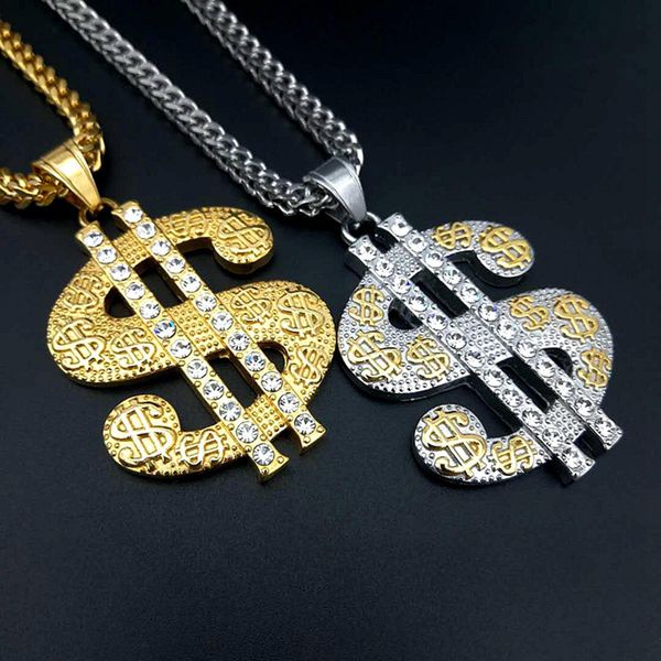 

pendant necklaces hip hop gold color stainless steel franco chain dollars money sign pendants for men rapper jewelry drop, Silver