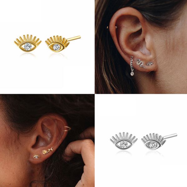

AprilGrass Brand Shiny Eyes Crystal Earring 100% 925 Sterling Silver Hollow Eye Stud Earrings for Women Punk Fashion Jewelry Brincos