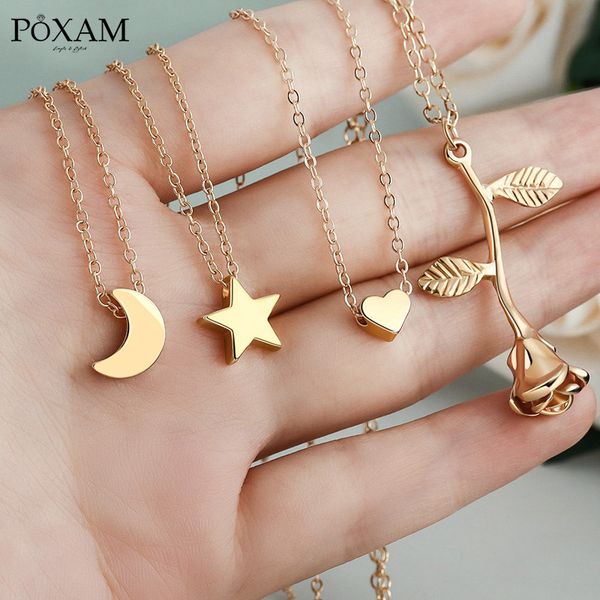 

poxam 2020 fashion gold silver color necklaces for women geometric flower moon star pendant link chain choker jewelry gifts
