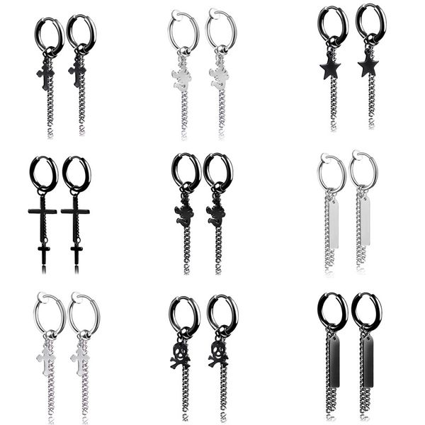

hoop & huggie pun stainless steel earrings men's cross skull round head tag star korean female long tassel chain, Golden;silver