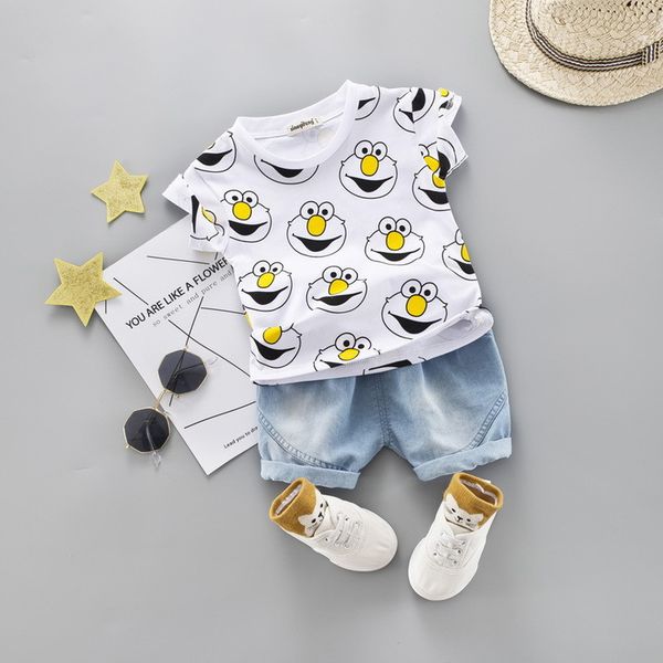 

new cartoon animal head for summer boys and girls short-sleeved t+short pants 2pcs jeans set, White