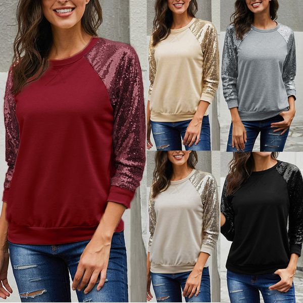 

womens sequin t shirt o neck long sleeves casual t-shirt basic tees elegant ladies tshirt plus size woman clothes, White