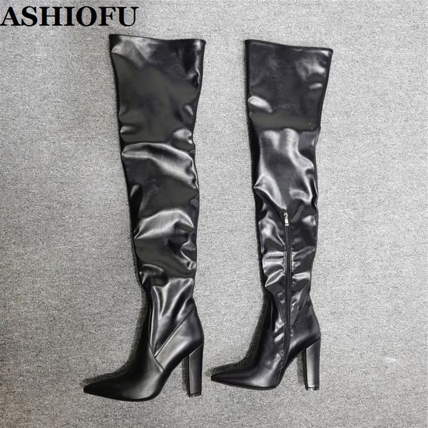 

ashiofu handmade women's thick heels boots night-club party long boots real ps evening fashion winter, Black