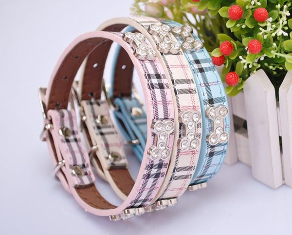 

50pcs fashion classical plaid dog collar bandana adjustable leather pet puppy collars bling rhinestones bone diamond