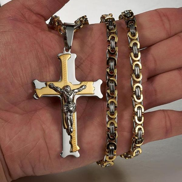 

new design jewelry gold silver color jesus cross pendant necklace male gift stainless steel 6mm thick link byzantine chain