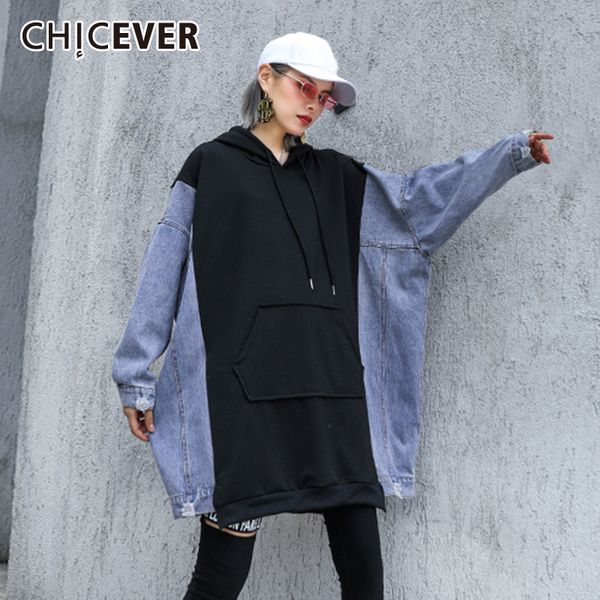 

chicever patchwork hit color sweatshirt for women hooded denim long sleeve loose asymmetrical hem sweatshirts female 2020 autumn 0916, Black