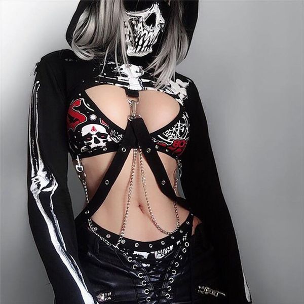 

gothic punk hooded hoodies women black skeleton print mask long sleeve crop 2020 fashion halloween sweatshirt