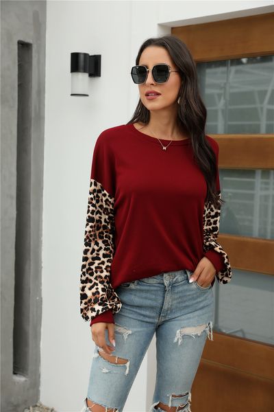 

autumn and winter new arrivals women's style lantern sleeve round neck leopard print stitching t-shirt sweater kg-322, Black