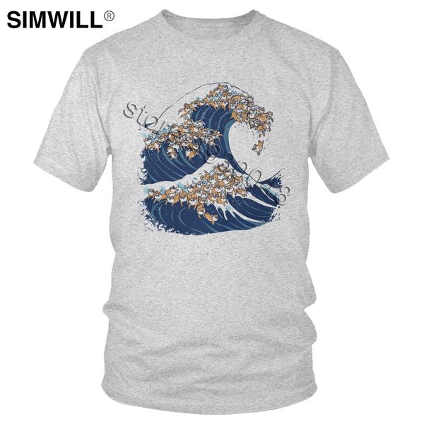 

stylish shiba inu t shirt men japan dog print cotton t-shirt short sleeve the great wave of kanagawa tshirt streetwear tee gift