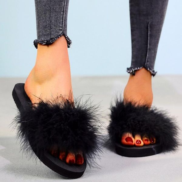 

2020 new women summer non-slip platform shoes wedges furry woman outdoor beach feather slippers sandals sapato feminino *10, Black