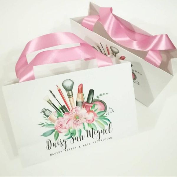 

personalized logo gift bags 20*14*7 cm with pink satin ribbon custom small paper bag for business gift, event party birthday