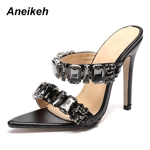 

aneikeh 2020 pvc fashion shoes woman beads rhinestone sequins pointed end peep toe party thin high heels sandals ladies y200620, Black