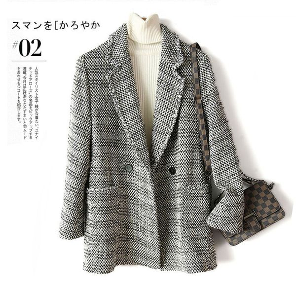 

women's wool & blends shuchan tweed coat women abrigos mujer elegante turn-down collar pockets slim high street jacket 2021 items, Black
