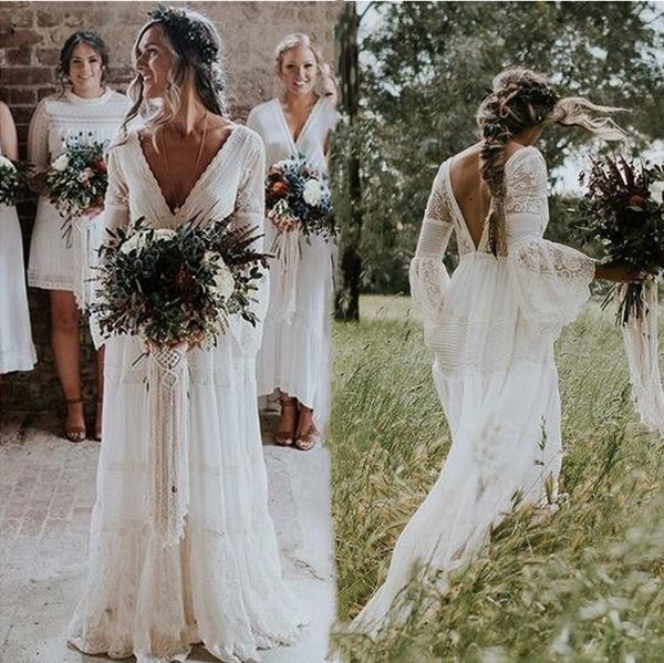 

vintage bohemian lace chiffon wedding dresses v neck backless illusion flare long sleeve bride dress boho beach bridal gowns robe de mariage, White