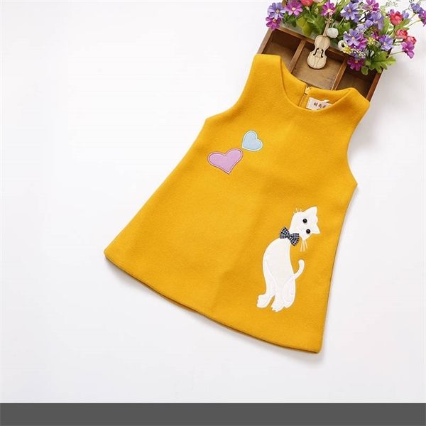 

girls dresses autumn woolen sleeveless princess dress for girls toddler kids clothing cartoon cat baby girl dress 0923, Red;yellow