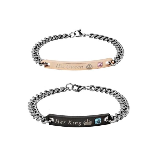 

faceins stainless steel bracelets for couples his queen and her king cubic zirconia bracelet for lovers steel bangles adjustable, Black