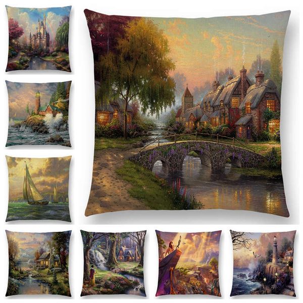 

american countryside oil painting cushion cover beautiful scenery the castle lighthouse sofa throw pillowcase