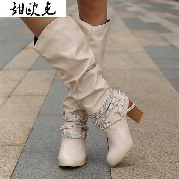 

2020 new fashion women boots winter women's buckle strap knee -high boots long women's rivet buckle botas de mujer, Black