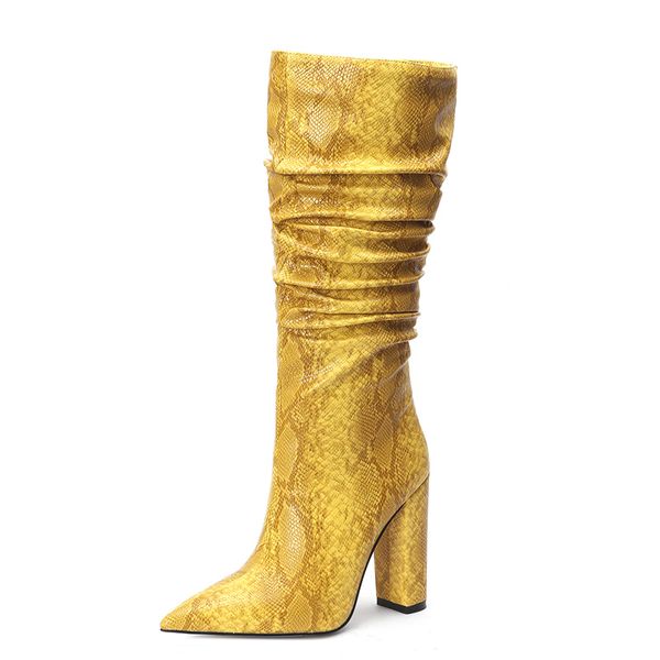 

boots snake print knee high women fashion pointed toe heels women's red yellow autumn winter long shoes, Black