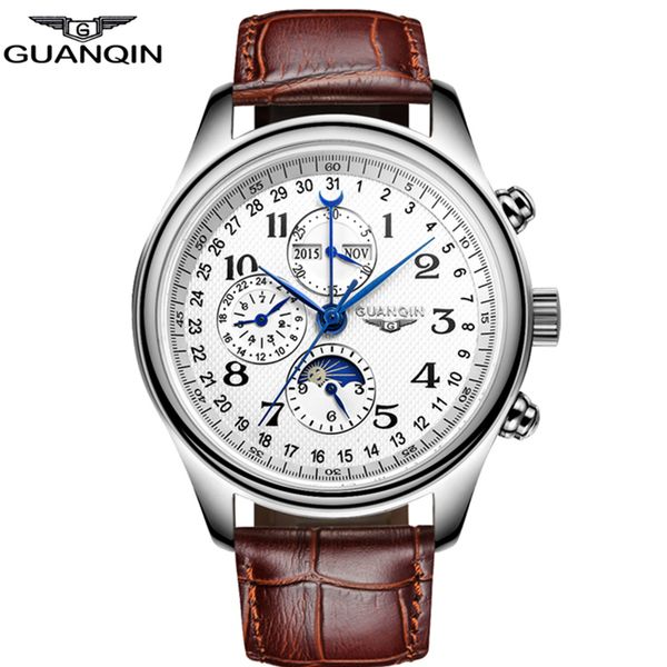 

guanqin new automatic watch mechanical sapphire men's watches business waterproof clock men relogio masculino, Slivery;brown