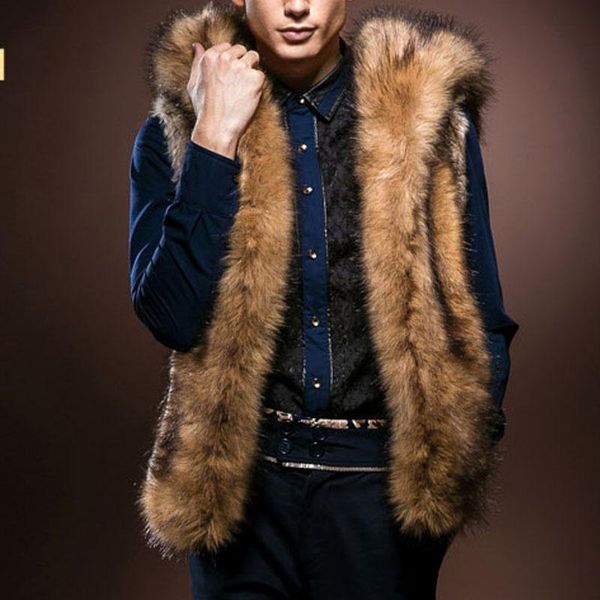 

mens fur vest waistcoat 2017 winter mens warm faux fur men s vest hooded plush fashion fur coat imitation wild rabbit hair t5190613, Black;brown