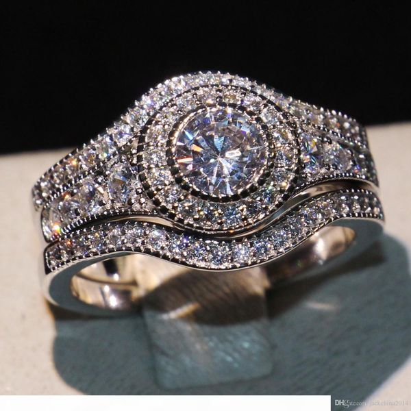 

size 5-11 jewelry pave setting princess cut 10kt white gold filled cz simulated diamond z 3 in 1 women wedding engagement ring set gift, Slivery;golden