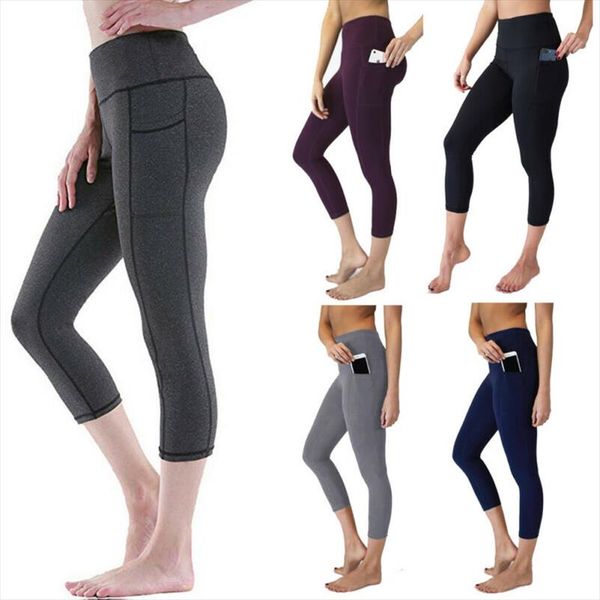 

fitness women casual solid crop wide waistband cycling leggings spring autumn high wasit pocket workout leggins pants trousers, Black