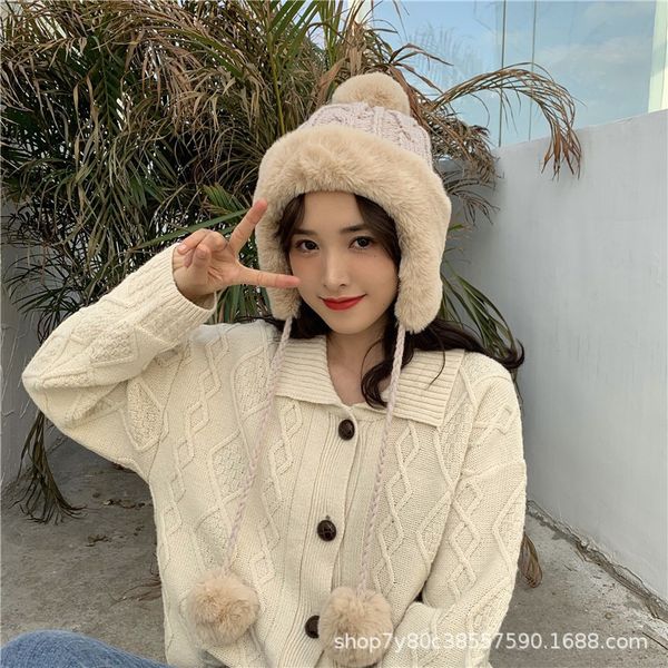 

fun prouder hat women's winter ushanka korean-style all-match cute plush ball earmuffs northeast knitted winter woolen cap, Blue;gray