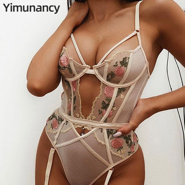 

yimunancy floral embrodiery bodysuit women skinny teddies bodysuit 2020 ladies mesh summer overalls body femme, Black;white