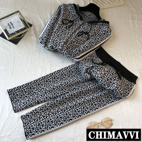 

2020 autumn new women retro leopard hooded zip knitwear jacket + elastic waist knitted pants two-piece set lady autumn clothes, Gray