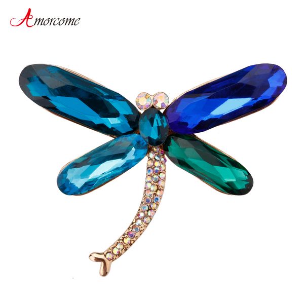 

amorcome dragonfly brooches for women girls clothes bag pin green rhinestone vintage crystal metal insect brooch female jewelry, Gray
