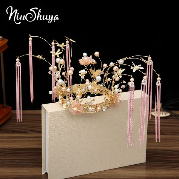 

niushuya elegance chinese pink bridal jewelry headdress ancient hairwear long tassel flower brides wedding jewelry accessories, Golden;silver