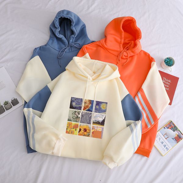 

autumn winter fleece van gogh oil painting pullover thick loose women hoodies harajuku contrast color sweatshirt female, Black