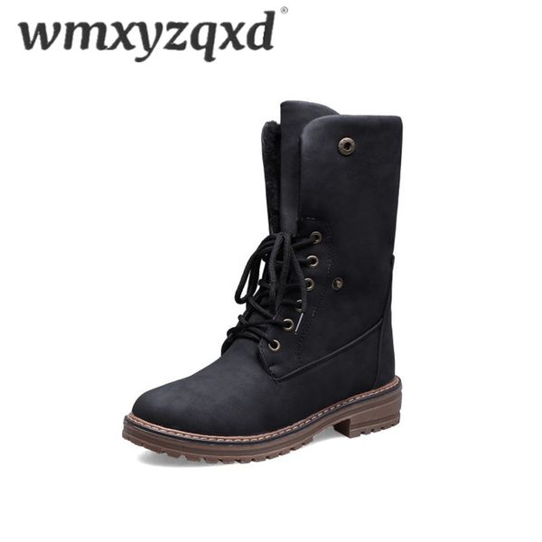 

lace-up pu boots winter women comfortable flat ladies short plush buckle booties fashion simple round toe snow boots wmxyzqxd, Black